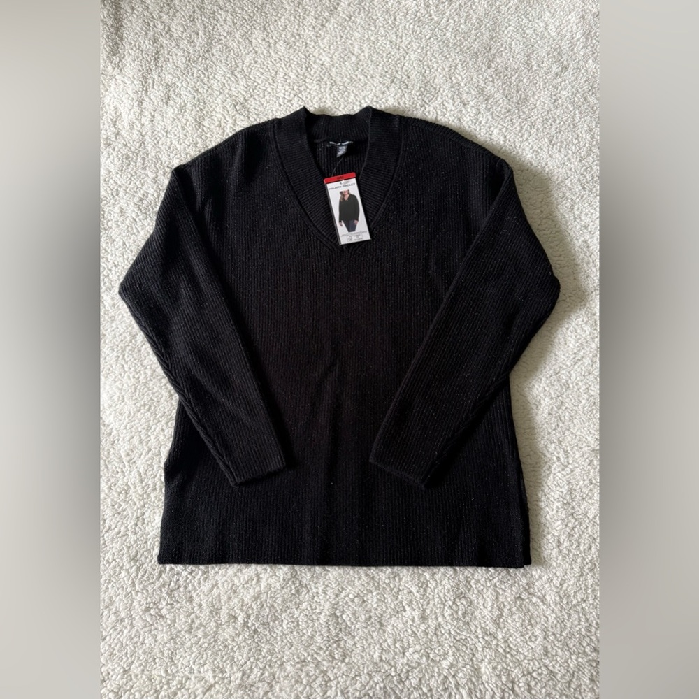 Hilary Radley Sparkle Knit V-Neck Long Sleeve Sweater Black Size Medium New